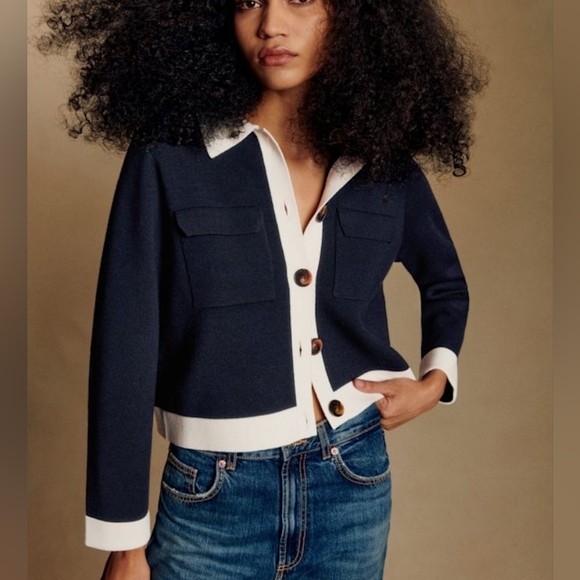 Sezane Betty Cardigan In Marine With Ecru Detail - Picture 2 of 9